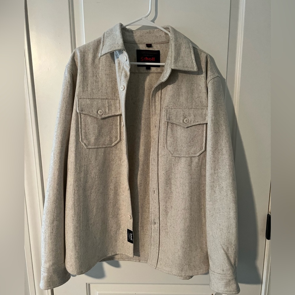 men’s shacket, beige shirt jacket, Schott